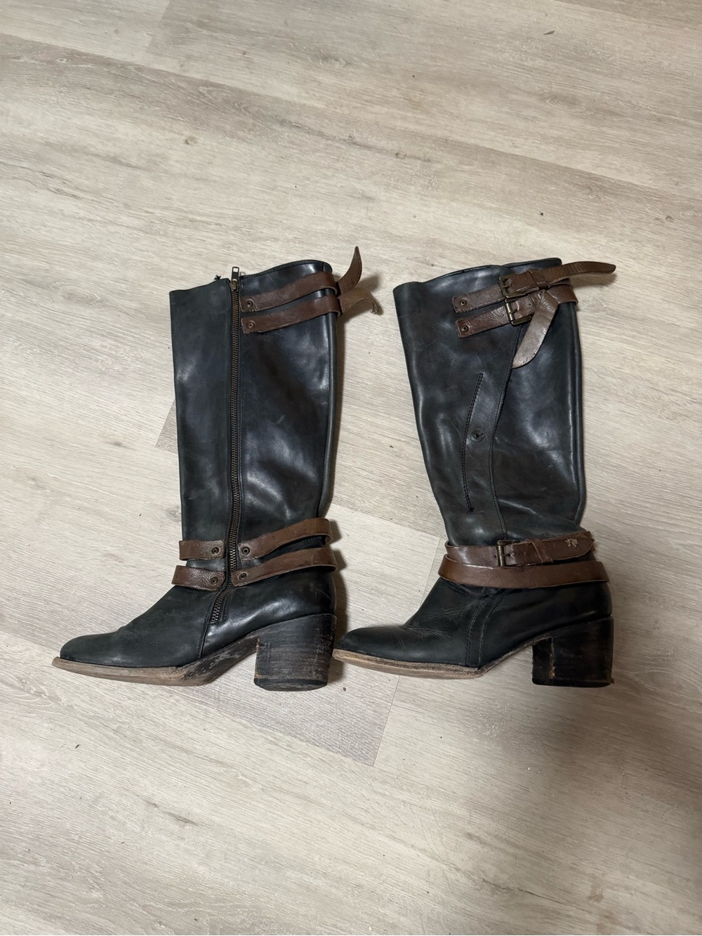 Freebird by Steven Black Leather Knee-High Heeled Boots with Brown Straps - Picture 3 of 4